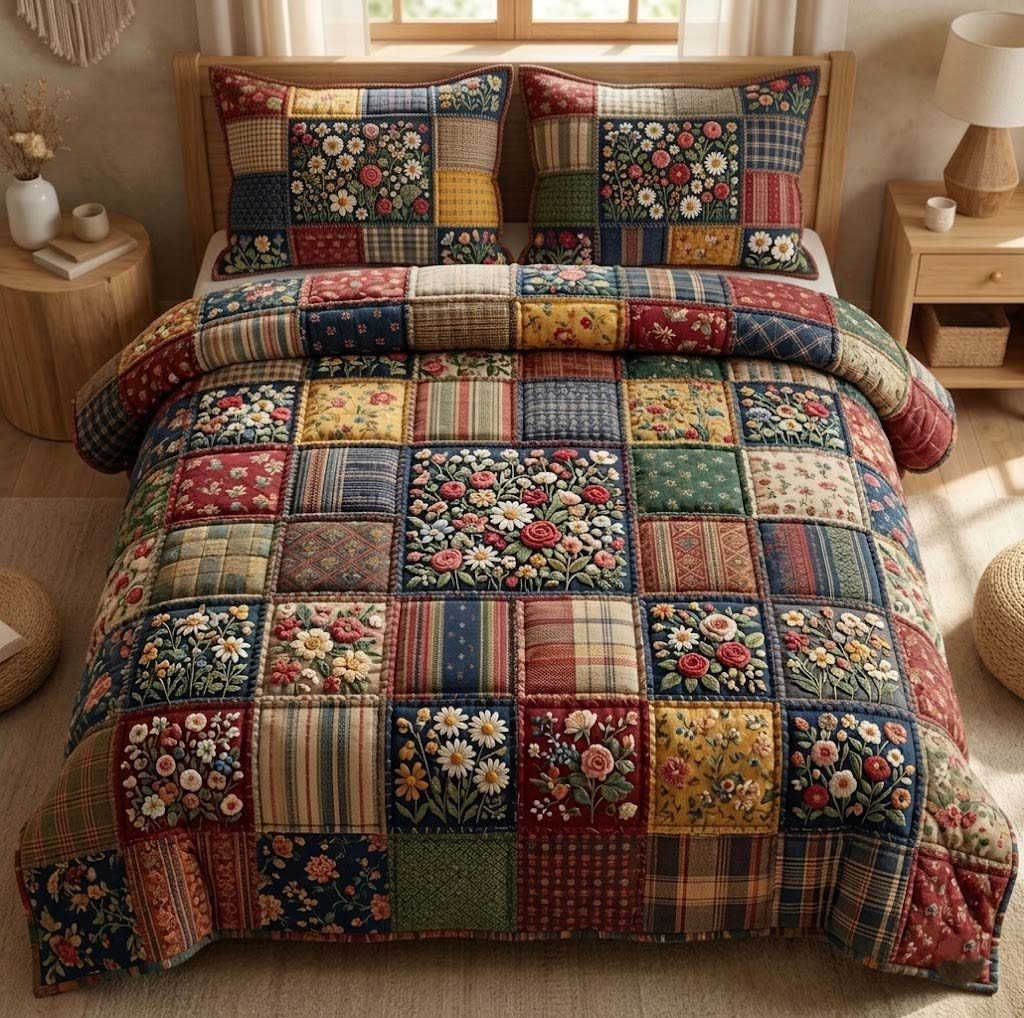 Patchy Bloom Stripes quilted 3-piece bedding set on a made bed with two matching pillow shams