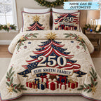 Patriotic Christmas Tree 3-Piece Quilted Bedding Set QTCUZ quilted 3-piece bedding set on a made bed in a winter-styled bedroom