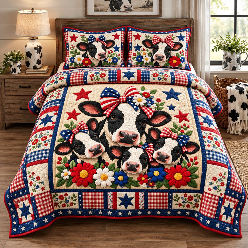 Patriotic Cow Family quilted 3-piece bedding set on a made bed in a warmly lit bedroom