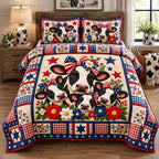 Patriotic Cow Family quilted 3-piece bedding set on a made bed in a warmly lit bedroom