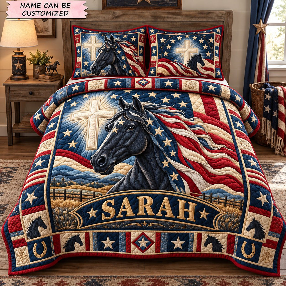Patriotic Horse Of Faith 3-Piece Quilted Bedding Set QTCUZ quilted 3-piece bedding set on a made bed in a warmly lit bedroom