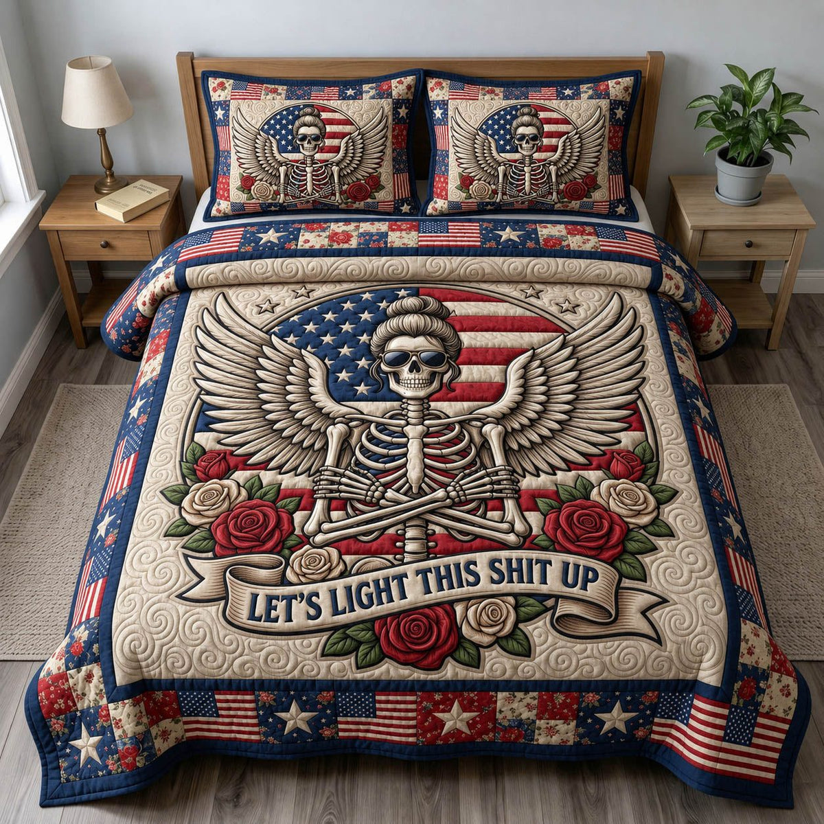 Patriotic Skull Wings quilted 3-piece bedding set on a made bed against a dark styled interior
