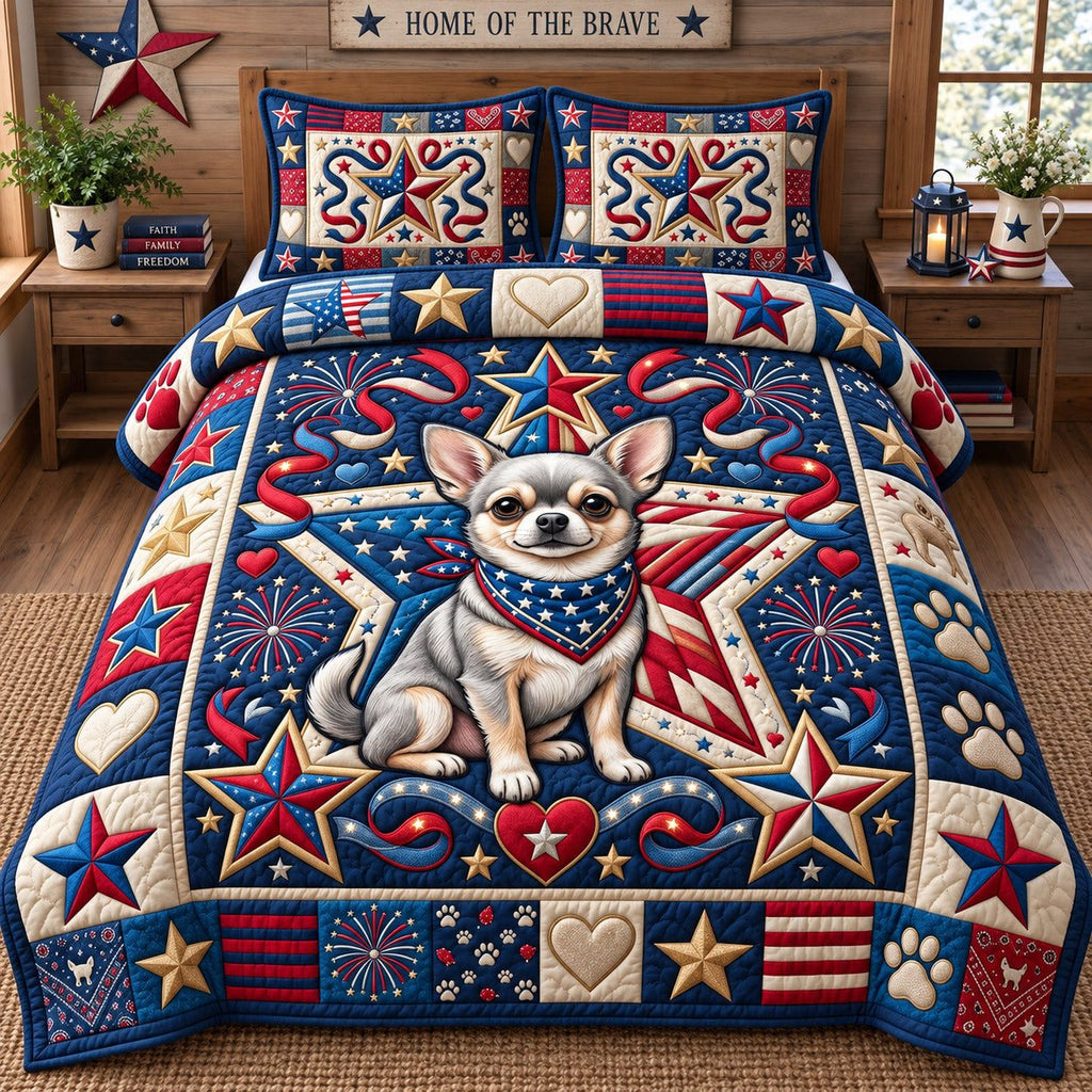 Patriotic Stars Chihuahua quilted 3-piece bedding set on a made bed in a warmly lit bedroom
