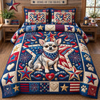 Patriotic Stars Chihuahua quilted 3-piece bedding set on a made bed in a warmly lit bedroom
