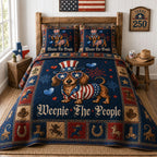 Patriotic Texas Dachshund Western quilted 3-piece bedding set on a made bed in a warmly lit bedroom