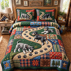 Pawprint Adventure quilted 3-piece bedding set on a made bed in a winter-styled bedroom