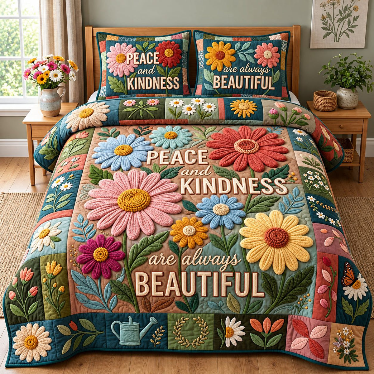 Peace And Kindness quilted 3-piece bedding set on a made bed with two matching pillow shams