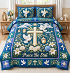 Peace Be Still Dove quilted 3-piece bedding set on a made bed with two matching pillow shams