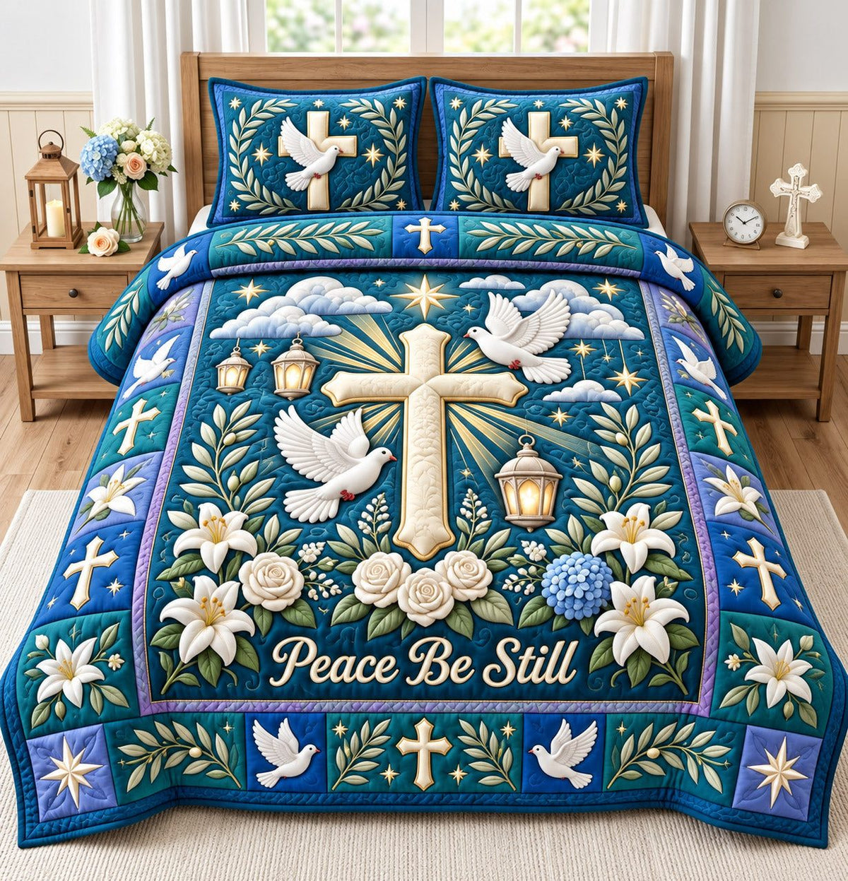 Peace Be Still Dove quilted 3-piece bedding set on a made bed with two matching pillow shams