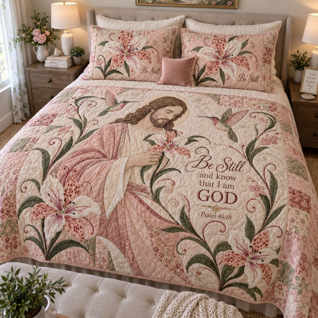Peace Be Still quilted 3-piece bedding set on a made bed with two matching pillow shams