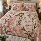 Peace Be Still quilted 3-piece bedding set on a made bed with two matching pillow shams