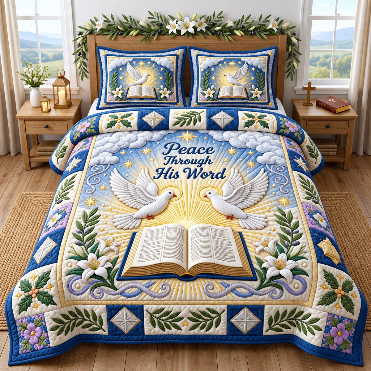 Peace Through His Word quilted 3-piece bedding set on a made bed with two matching pillow shams