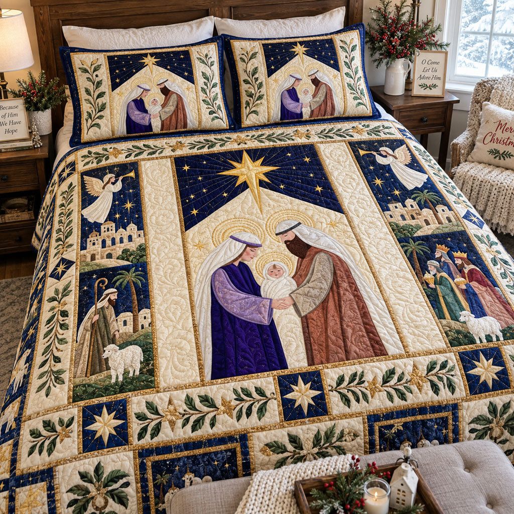 Peaceful Bethlehem quilted 3-piece bedding set on a made bed with two matching pillow shams
