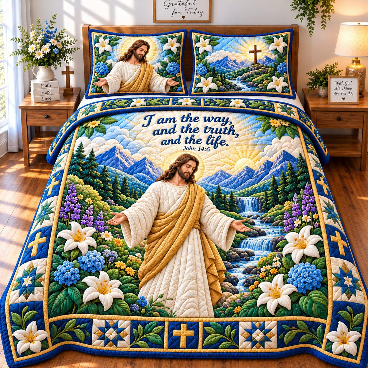 Peaceful Christian quilted 3-piece bedding set on a made bed in a softly lit bedroom