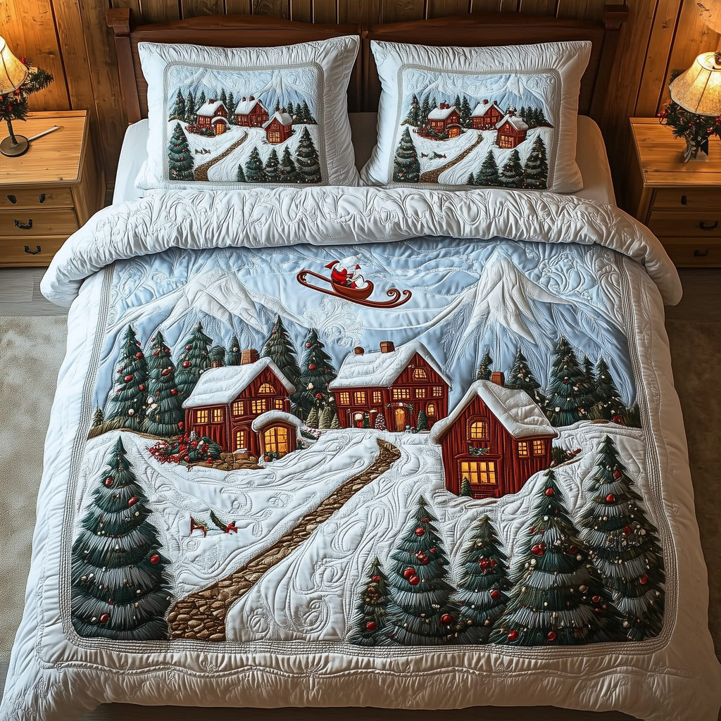 Peaceful Christmas Season Path quilted 3-piece bedding set on a made bed in a winter-styled bedroom