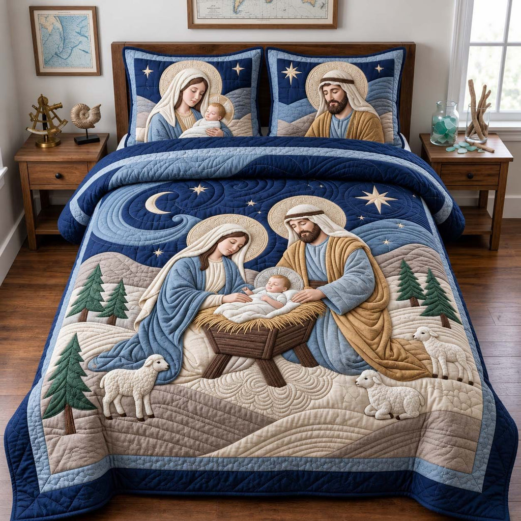 Peaceful Holy Night quilted 3-piece bedding set on a made bed in a softly lit bedroom