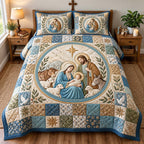 Peaceful Nativity quilted 3-piece bedding set on a made bed in a winter-styled bedroom
