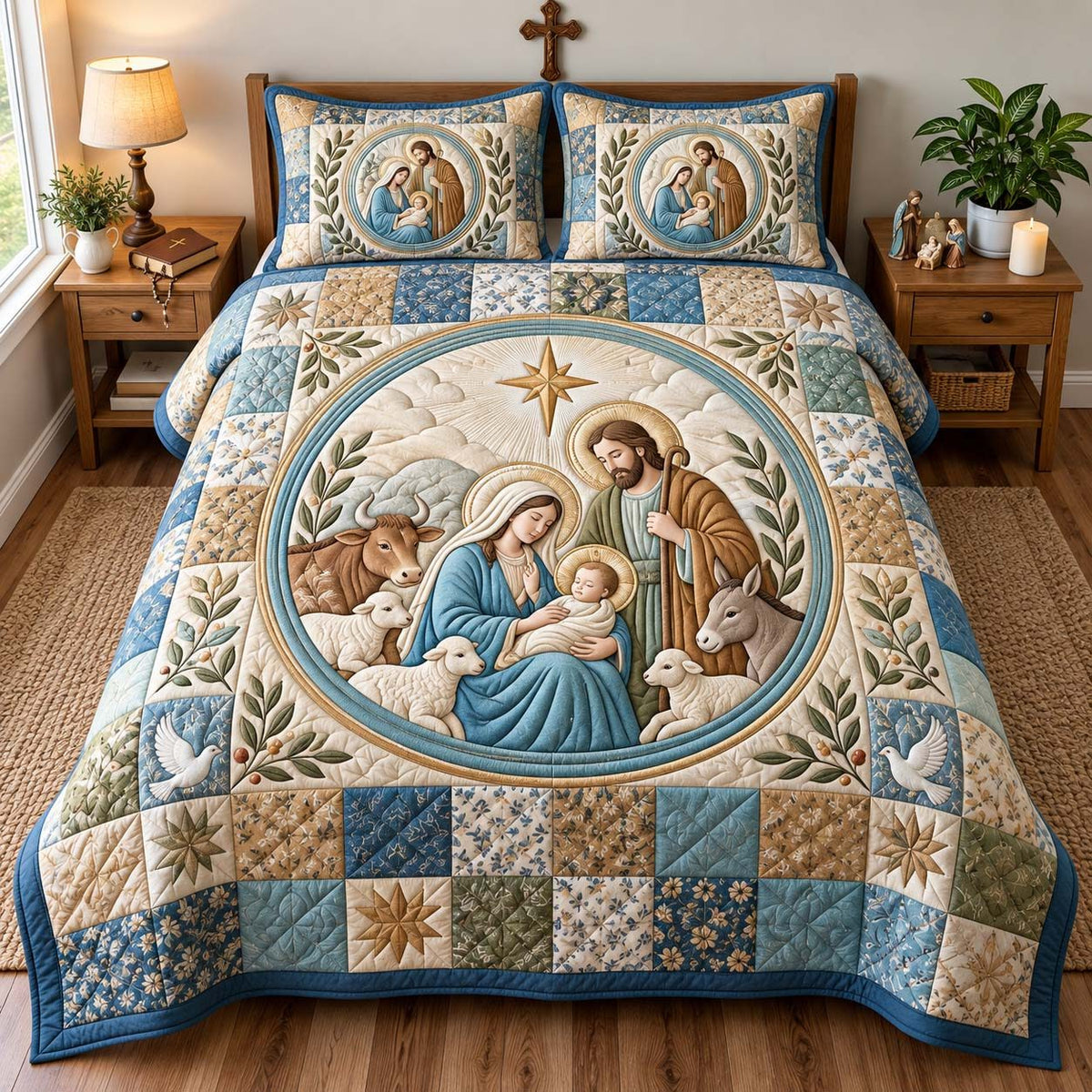 Peaceful Nativity quilted 3-piece bedding set on a made bed in a winter-styled bedroom