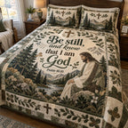 Peaceful Presence quilted 3-piece bedding set on a made bed with two matching pillow shams