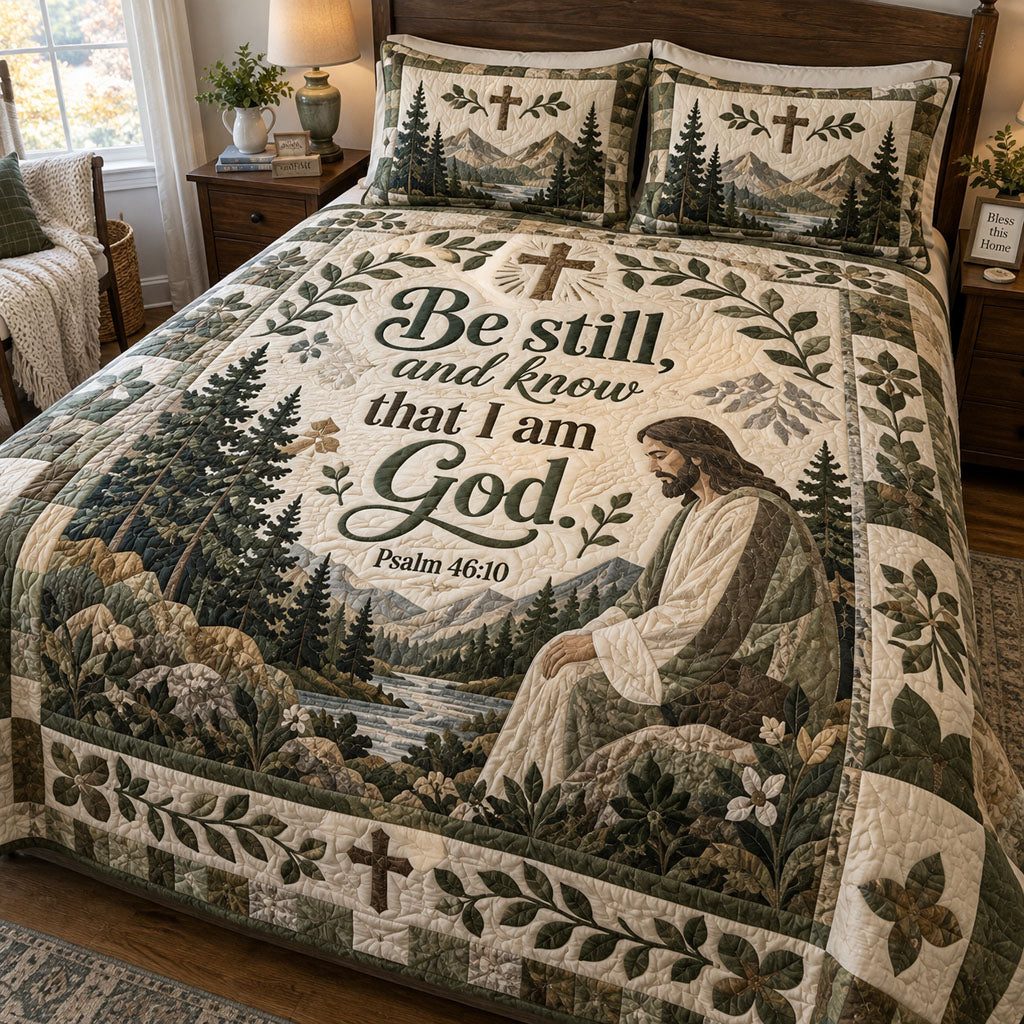 Peaceful Presence quilted 3-piece bedding set on a made bed with two matching pillow shams