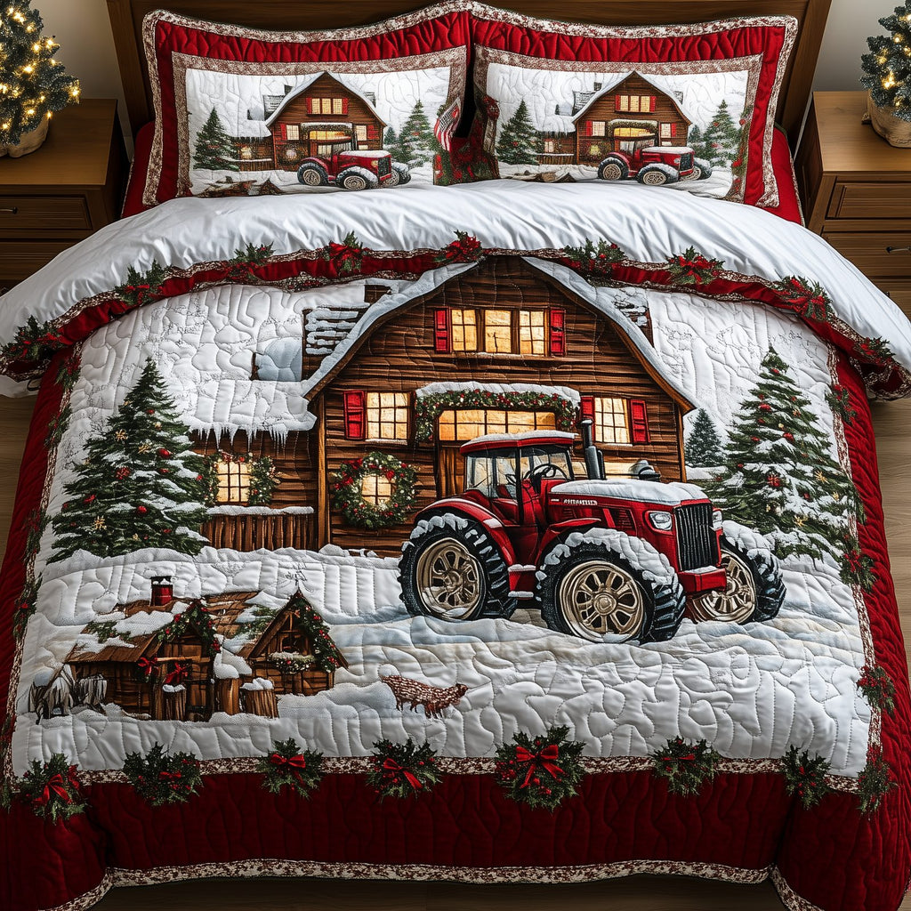 Peaceful Snowy Farmhouse Barn quilted 3-piece bedding set on a made bed in a farmhouse bedroom