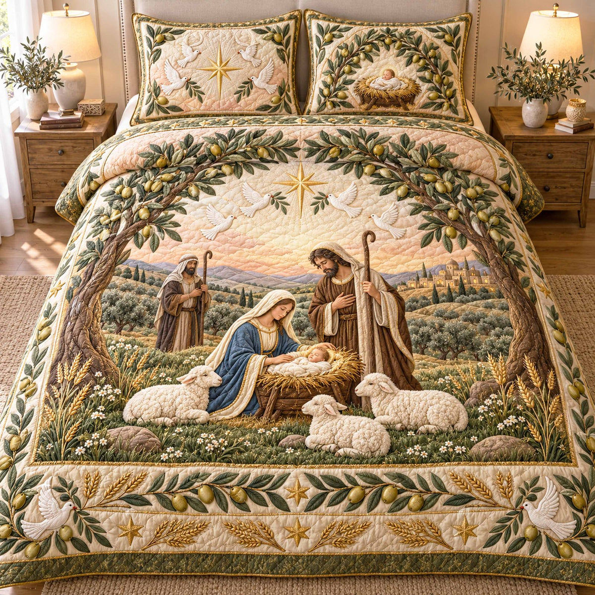 Peaceful Stable quilted 3-piece bedding set on a made bed with two matching pillow shams