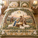 Peaceful Stable quilted 3-piece bedding set on a made bed with two matching pillow shams