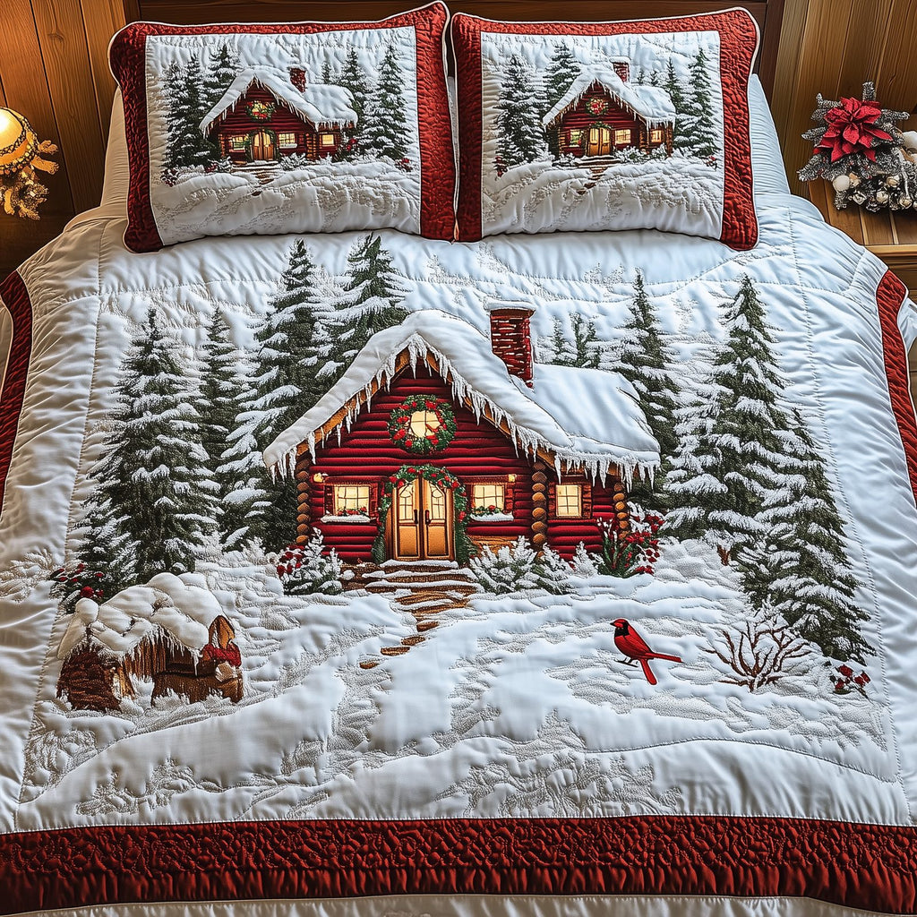 Peaceful Winter Cabin Snow quilted 3-piece bedding set on a made bed in a winter-styled bedroom