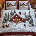 Peaceful Winter Cabin Snow quilted 3-piece bedding set on a made bed in a winter-styled bedroom