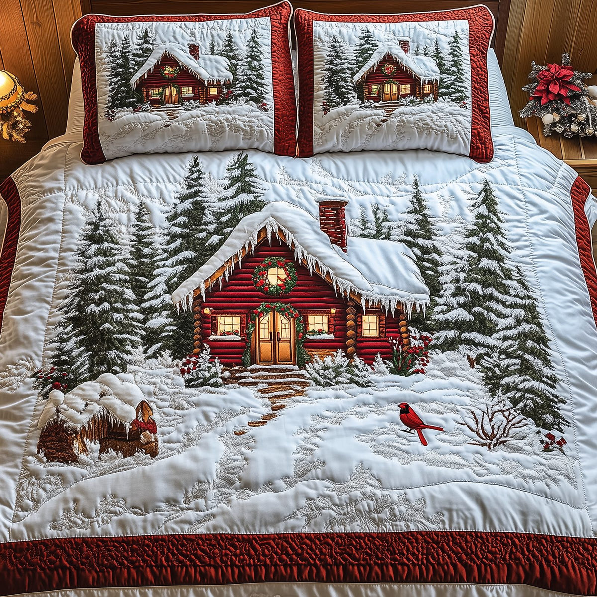 Peaceful Winter Cabin Snow quilted 3-piece bedding set on a made bed in a winter-styled bedroom