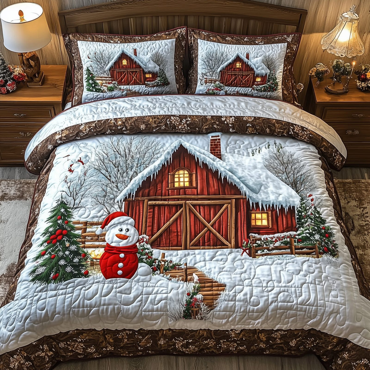 Peaceful Winter Farmhouse Snowman quilted 3-piece bedding set on a made bed in a winter-styled bedroom