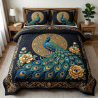 Peacock Majesty Moon quilted 3-piece bedding set on a made bed with two matching pillow shams