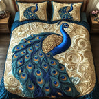 Peacock Paradise Gold quilted 3-piece bedding set on a made bed with two matching pillow shams
