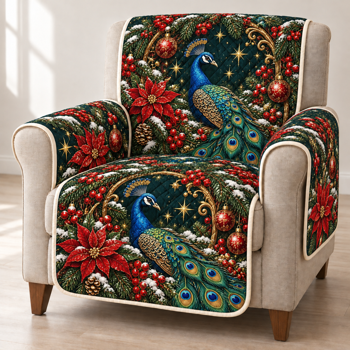 Peacock Ruby Poinsettia Portal printed Christmas quilted sofa cover; design mockup showing a flat printed depth effect.