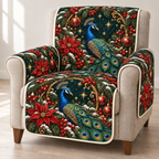Peacock Ruby Poinsettia Portal printed Christmas quilted sofa cover; design mockup showing a flat printed depth effect.