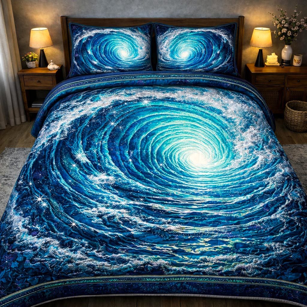 Pearl Ocean Whirlpool quilted 3-piece bedding set on a made bed in a light coastal bedroom
