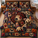 Peeking Voodoo Doll Patchwork quilted 3-piece bedding set on a made bed against a dark styled interior