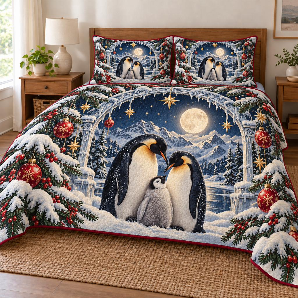 Penguin Ice Moon Gate printed Christmas quilt and two matching pillow shams; design mockup showing a flat printed depth effect.