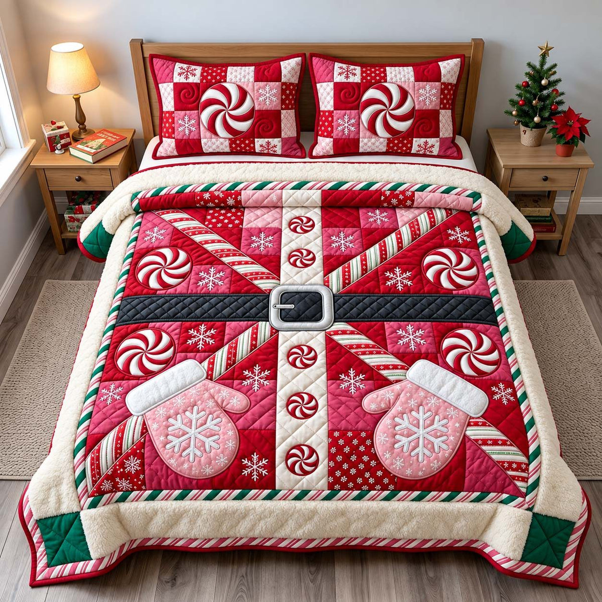 Peppermint Candy Santa quilted 3-piece bedding set on a made bed in a winter-styled bedroom