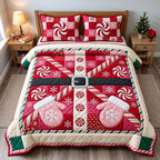 Peppermint Candy Santa quilted 3-piece bedding set on a made bed in a winter-styled bedroom