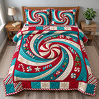 Peppermint Candy Spiral quilted 3-piece bedding set on a made bed with two matching pillow shams