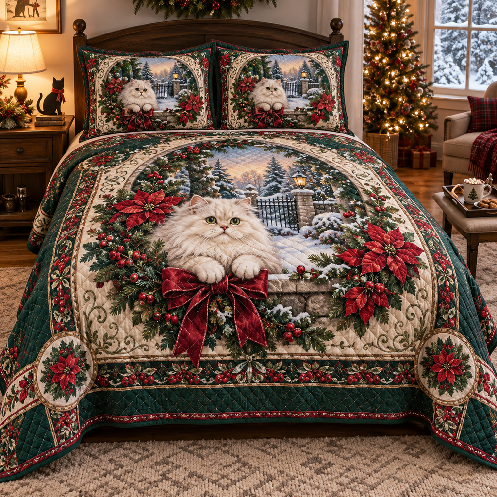 Persian Cat Christmas 3-Piece Quilted Bedding Set — digital product visualization