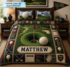 Personalized 18th Hole Golf 3-Piece Quilted Bedding Set QTCUZ quilted 3-piece bedding set on a made bed with two matching pillow shams