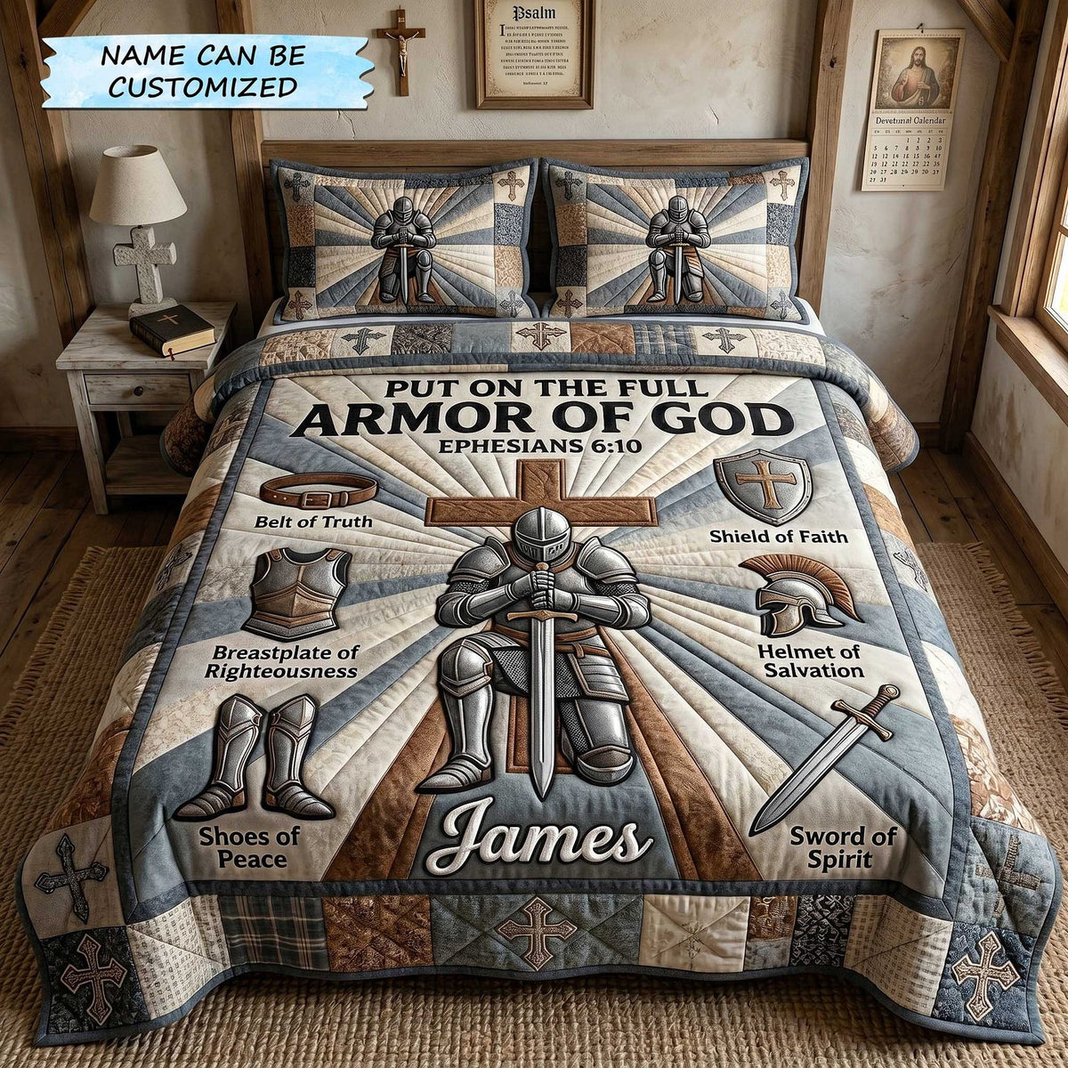 Personalized Armor Of God Ephesians Blue quilted 3-piece bedding set on a made bed in a softly lit bedroom