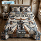Personalized Armor Of God Ephesians Blue quilted 3-piece bedding set on a made bed in a softly lit bedroom