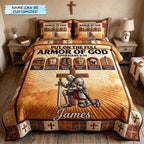 Personalized Armor Of God Golden Sunrise quilted 3-piece bedding set on a made bed in a softly lit bedroom