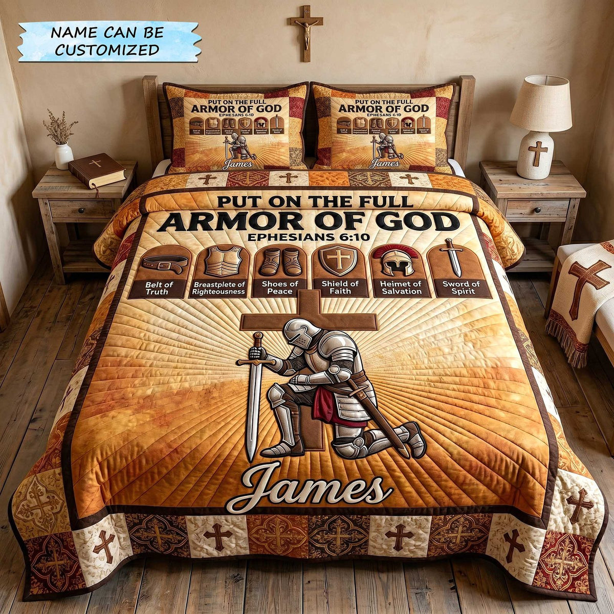 Personalized Armor Of God Golden Sunrise quilted 3-piece bedding set on a made bed in a softly lit bedroom