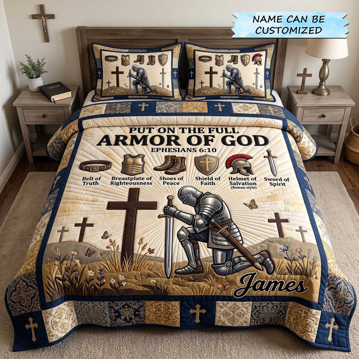 Personalized Armor Of God Kneeling Knight quilted 3-piece bedding set on a made bed in a softly lit bedroom