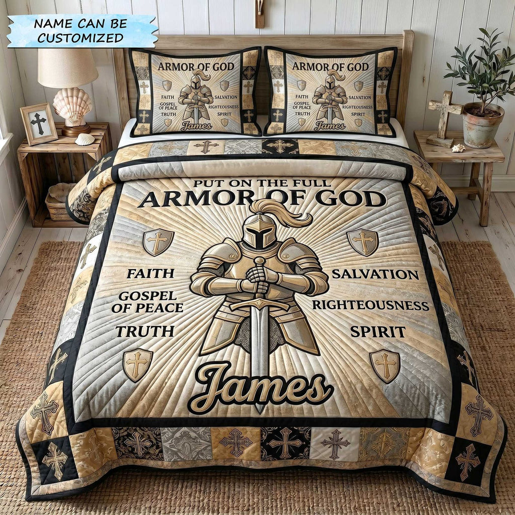 Personalized Armor Of God Virtues quilted 3-piece bedding set on a made bed in a softly lit bedroom