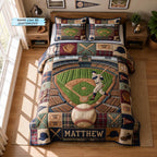 Personalized Baseball Diamond Classic quilted 3-piece bedding set on a made bed in a farmhouse bedroom